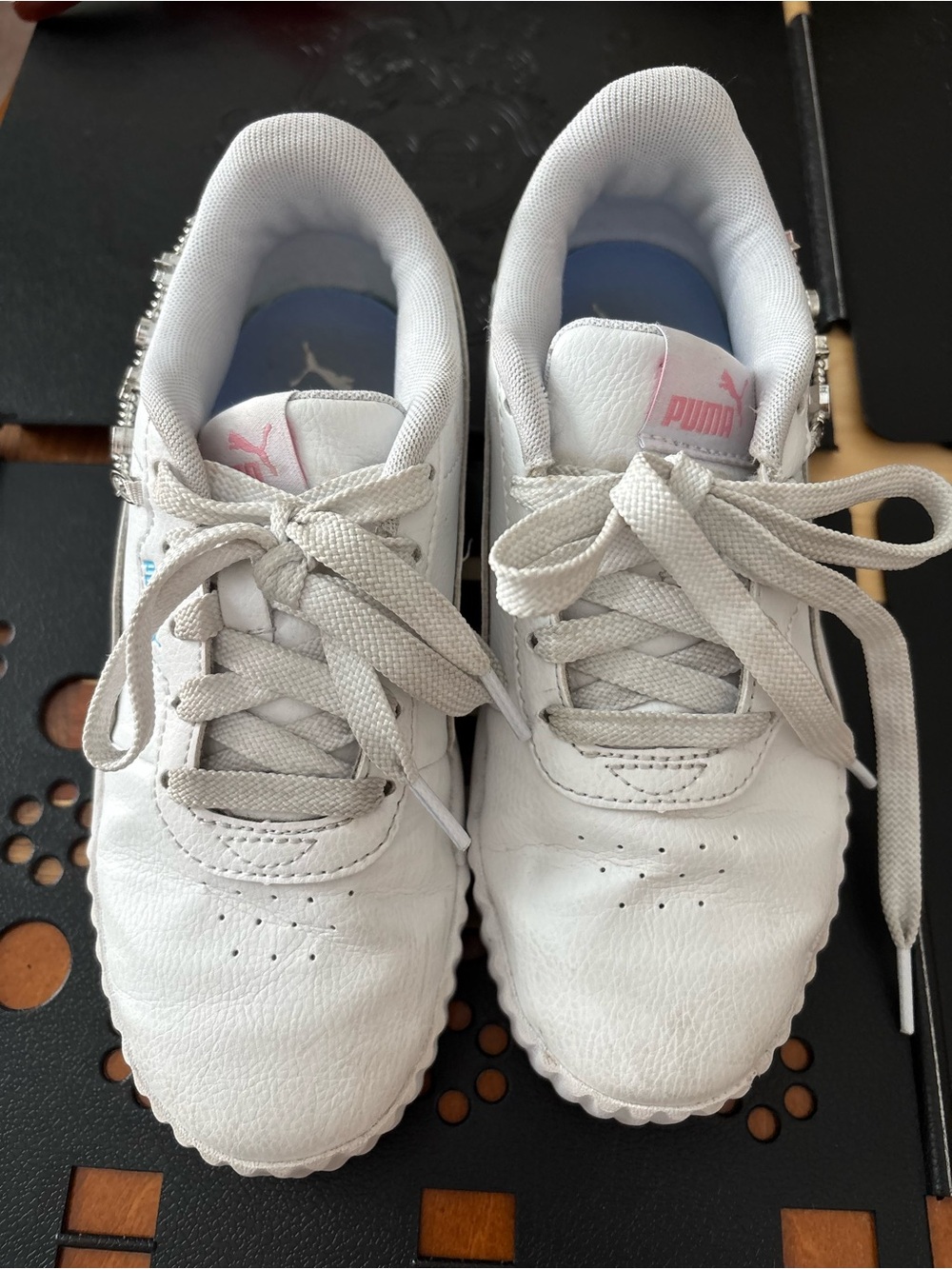 Puma Kids White Leather Sneakers with Pink Logo Accents